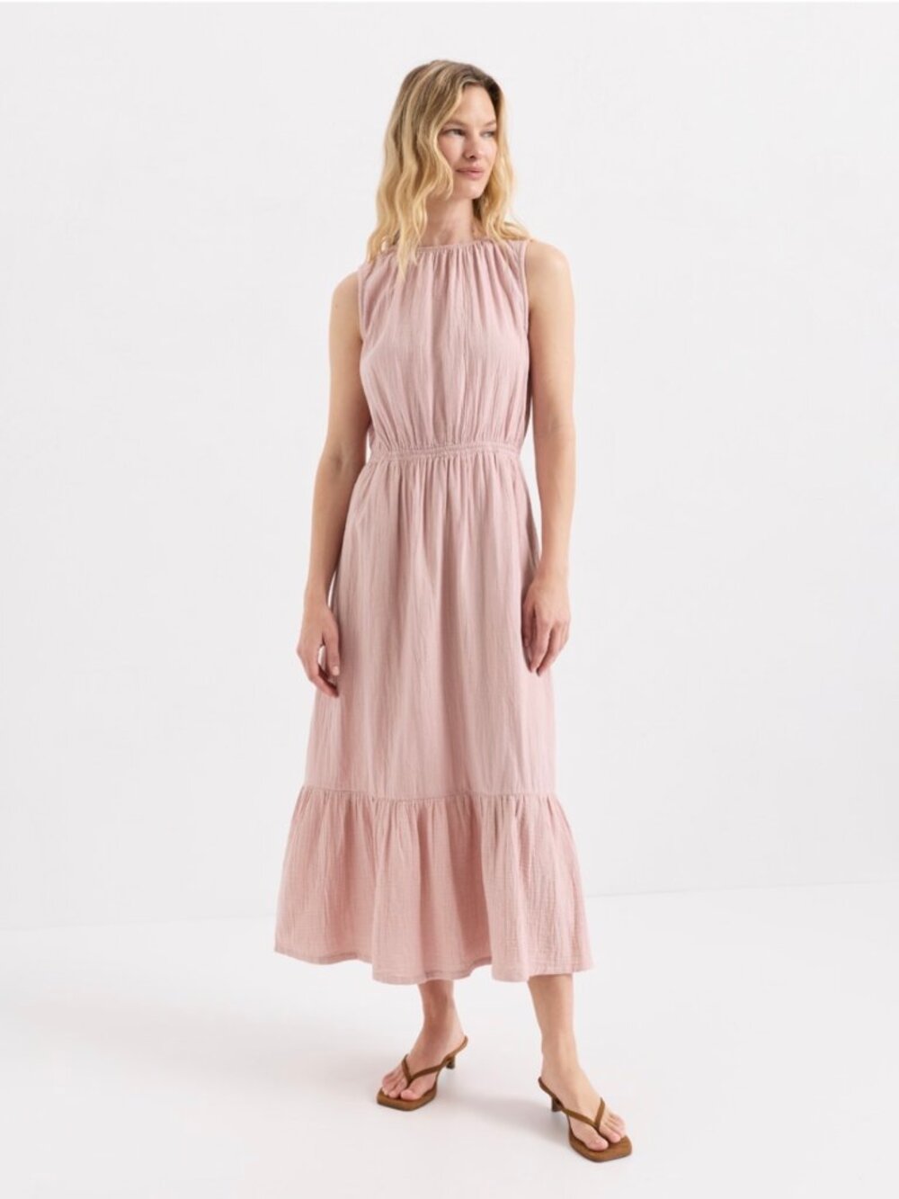 Pact Organic Coastal Double Gauze Tiered Midi Dress, dusty rose, size medium